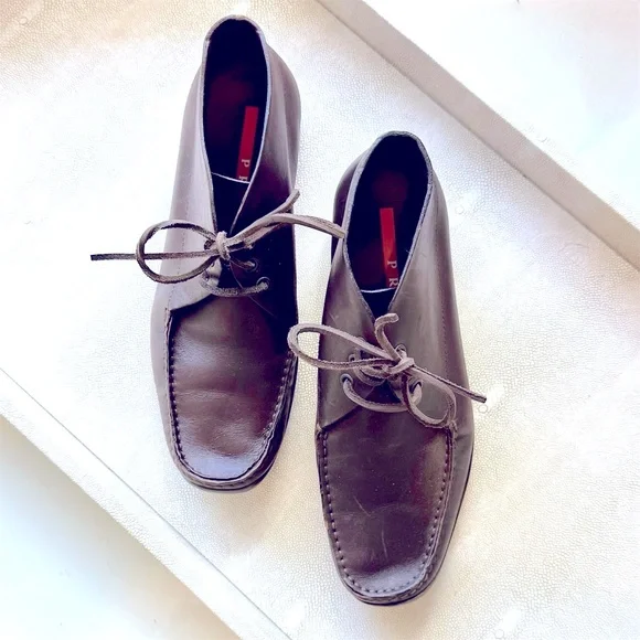 Prada Women’s Brown Leather Ankle Boots- Red Prada Stripe Sole - Made in Italy - Picture 1 of 10